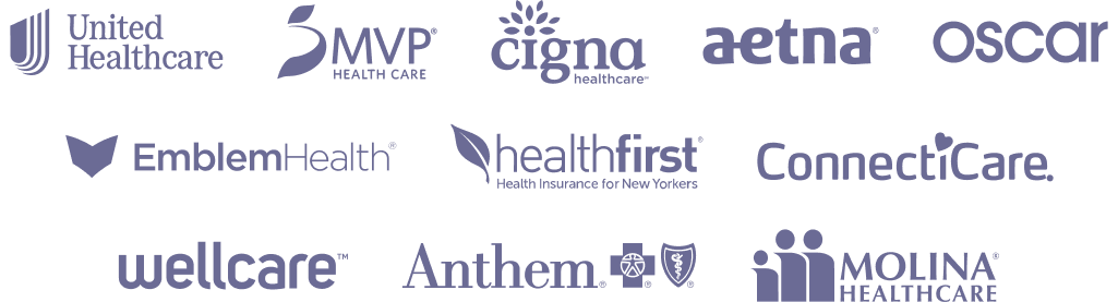 UnitedHealthcare, MVP Health Care, Cigna, Aetna, Oscar, EmblemHealth, Healthfirst, ConnectiCare, Wellcare, Anthem, Molina Healthcare, Medicaid, Medicare