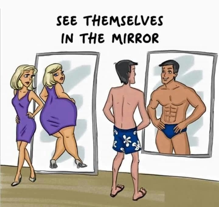 Illustration of a man and woman looking in the mirror