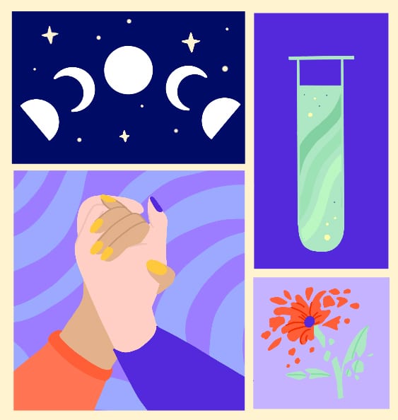 Phases of the moon, holding hands, a flower in pieces and a test tube illustration