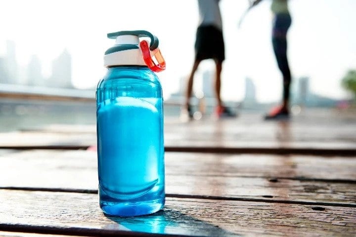 A blue sports water bottle
