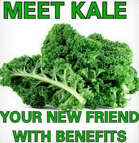 A photo of kale with a message: meet kale, your new friend with benefits