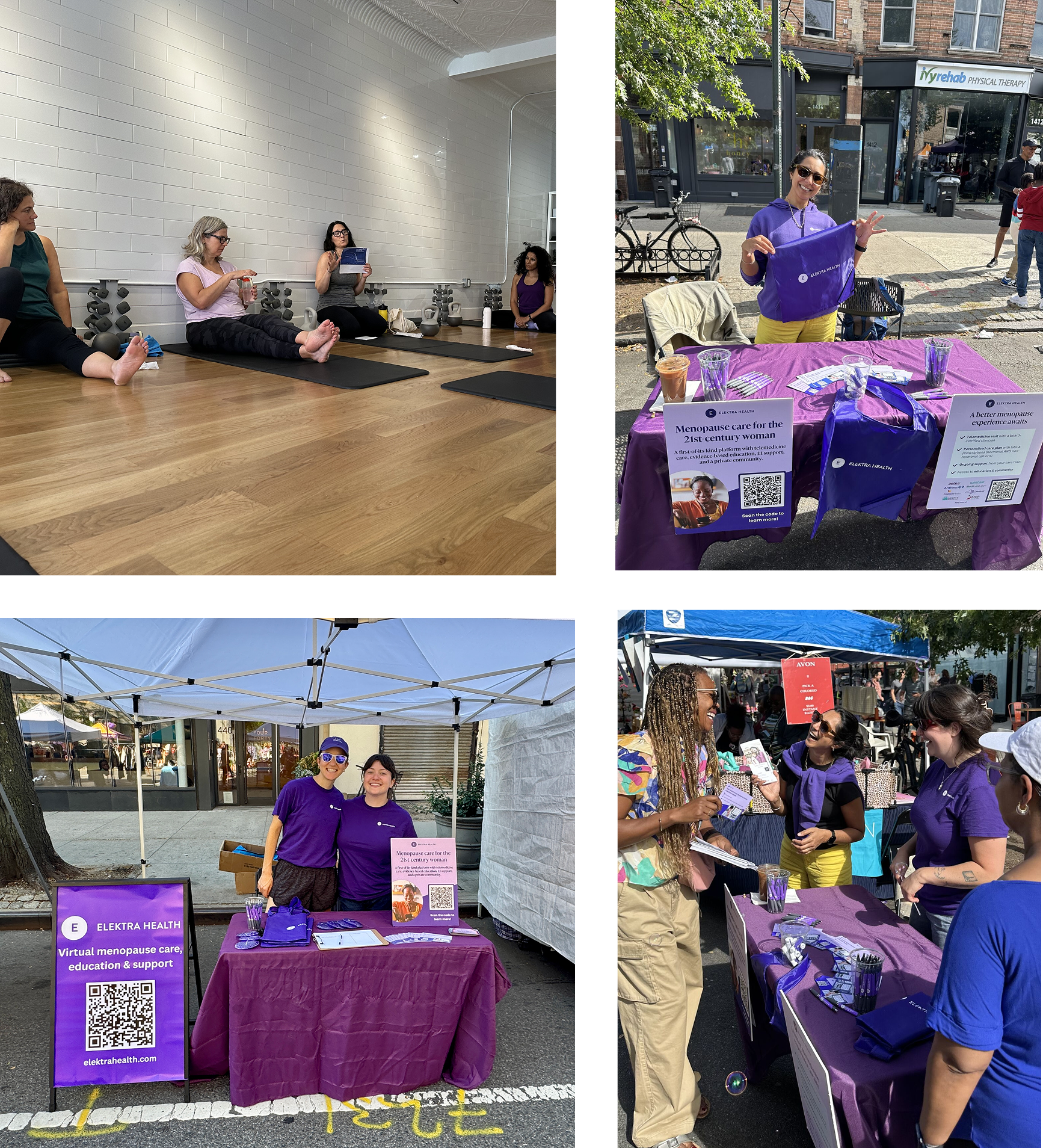 Images of Elektra team members connecting with the community at fairs and a local fitness studio