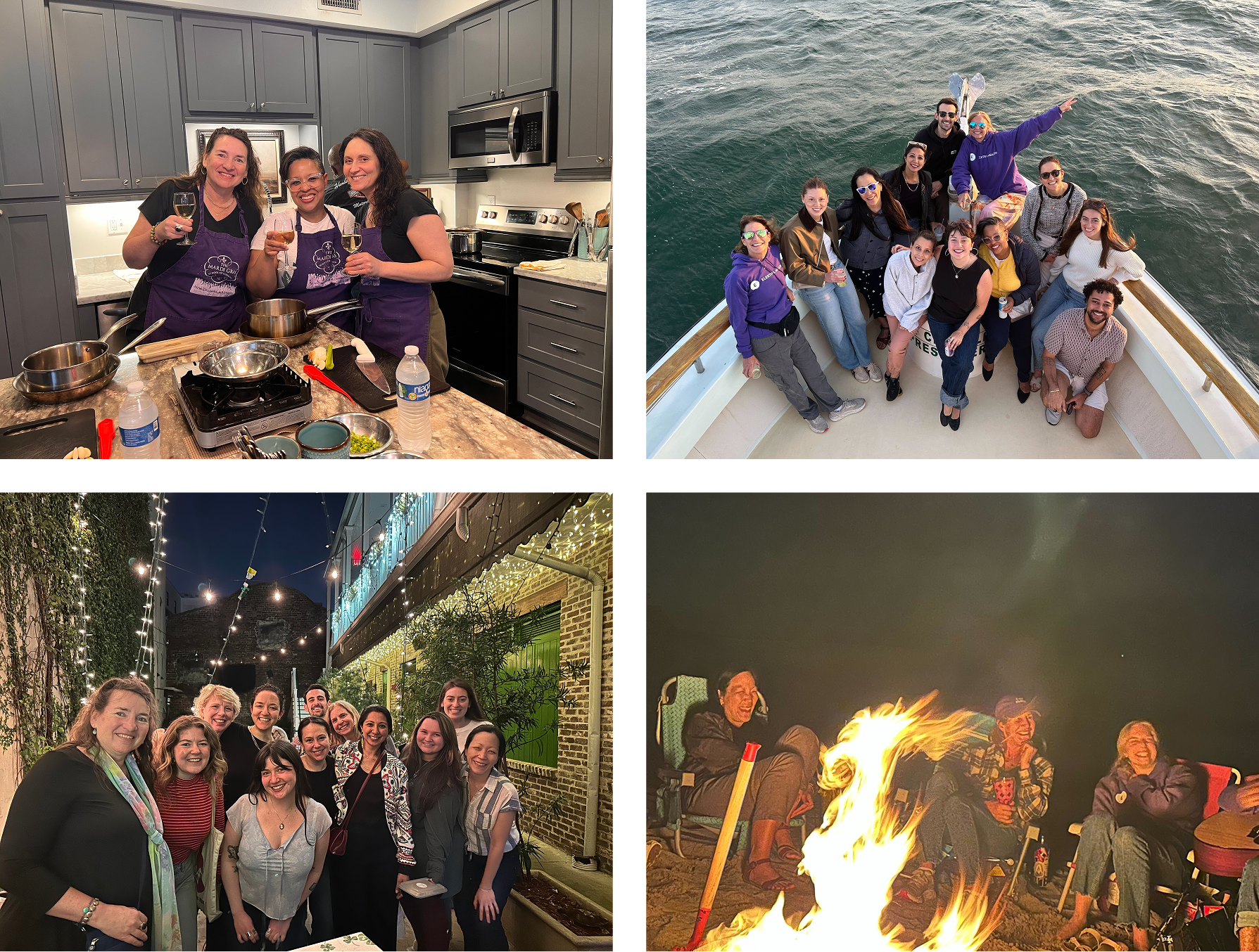 Images of Elektra team members at cooking class in New Orleans, on a boat in Montauk, and roasting marshmallows by a fire on a beach.